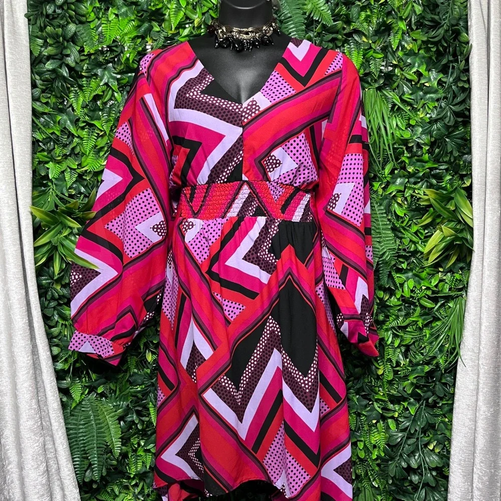 Ashley Stewart Dress Size 18/20 Pink Geometric Chevron High-Low V-Neck Boho 3778 - Picture 2 of 7
